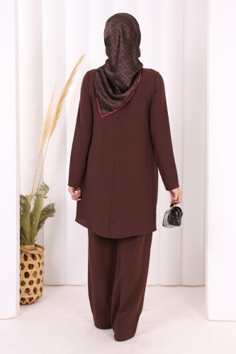 Taş Baskı Desenli Tunik Pantolon Takım 8447 Kahverengi - 6