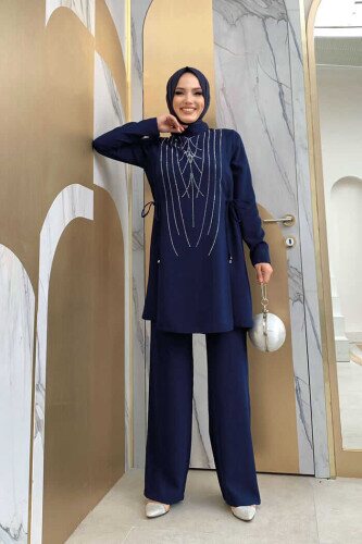 Taş Baskı Desenli Tunik Pantolon Takım 8447 Lacivert - 1
