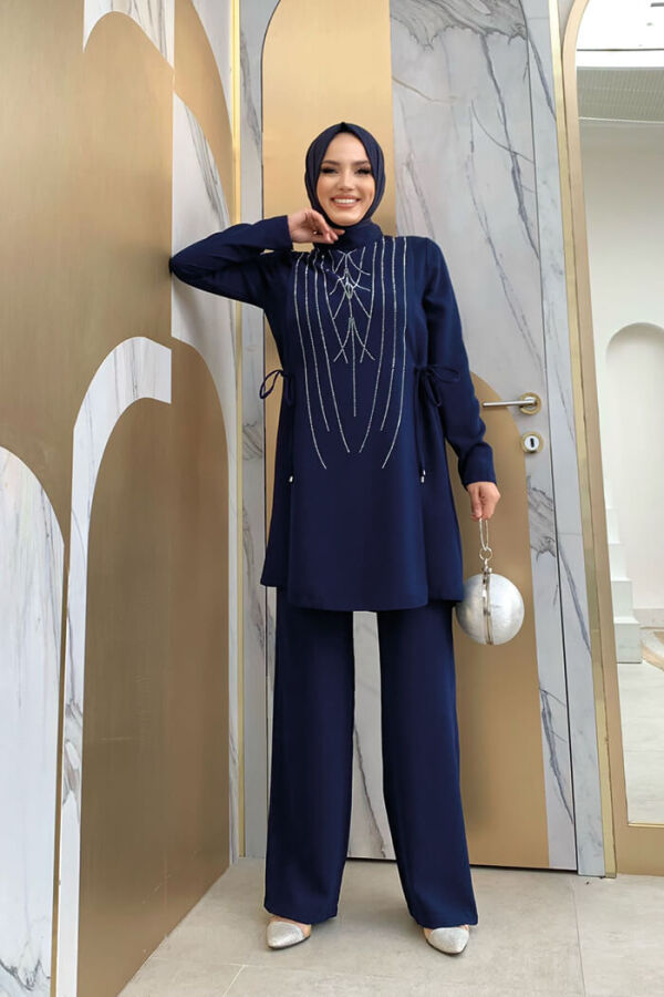 Taş Baskı Desenli Tunik Pantolon Takım 8447 Lacivert - 3