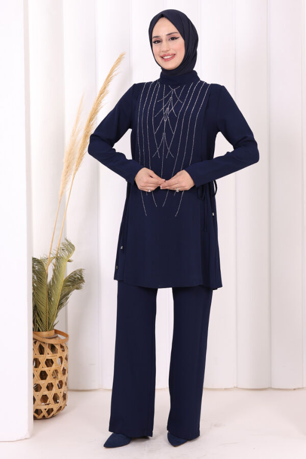 Taş Baskı Desenli Tunik Pantolon Takım 8447 Lacivert - 1