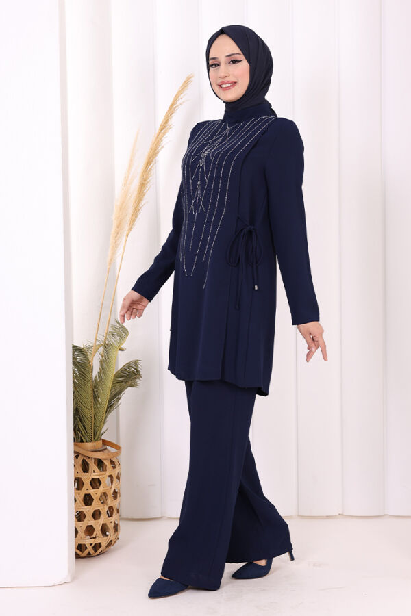 Taş Baskı Desenli Tunik Pantolon Takım 8447 Lacivert - 2