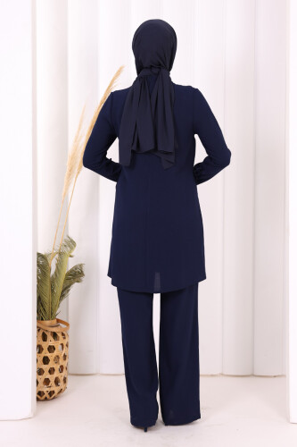 Taş Baskı Desenli Tunik Pantolon Takım 8447 Lacivert - 3