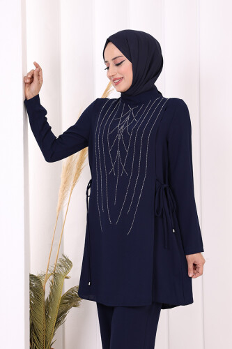 Taş Baskı Desenli Tunik Pantolon Takım 8447 Lacivert - 4