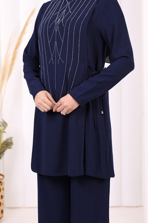 Taş Baskı Desenli Tunik Pantolon Takım 8447 Lacivert - 5
