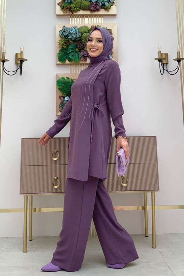 Taş Baskı Desenli Tunik Pantolon Takım 8447 Lila - 5