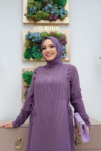 Taş Baskı Desenli Tunik Pantolon Takım 8447 Lila - 8