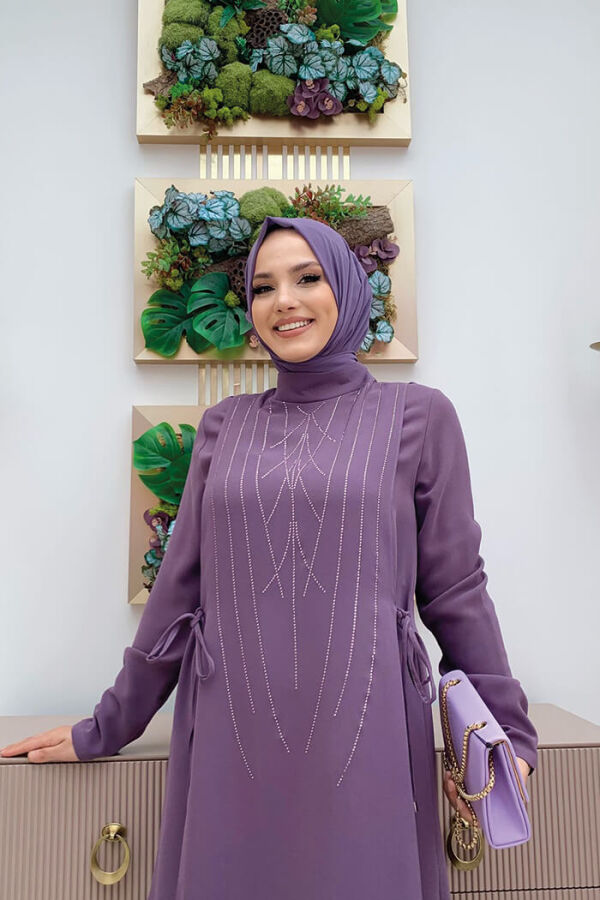 Taş Baskı Desenli Tunik Pantolon Takım 8447 Lila - 8