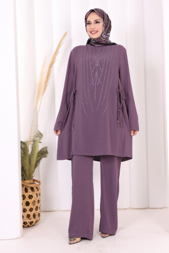 Taş Baskı Desenli Tunik Pantolon Takım 8447 Lila 