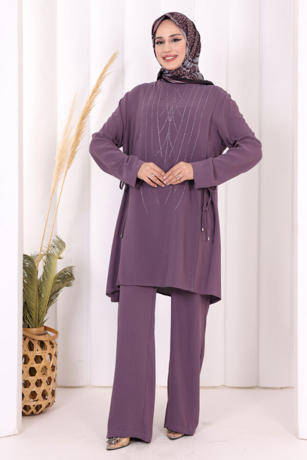 Taş Baskı Desenli Tunik Pantolon Takım 8447 Lila - 2