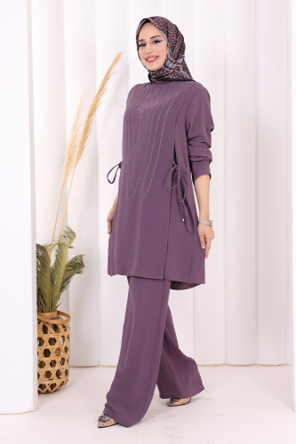 Taş Baskı Desenli Tunik Pantolon Takım 8447 Lila - 3
