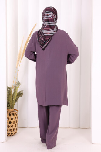 Taş Baskı Desenli Tunik Pantolon Takım 8447 Lila - 4