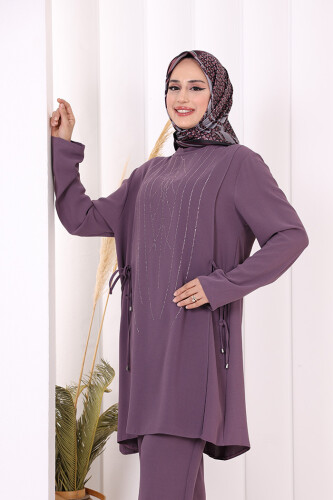 Taş Baskı Desenli Tunik Pantolon Takım 8447 Lila - 5