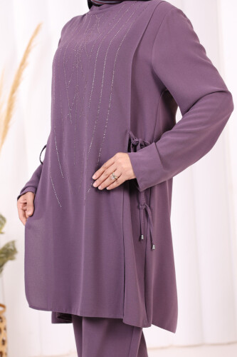 Taş Baskı Desenli Tunik Pantolon Takım 8447 Lila - 6