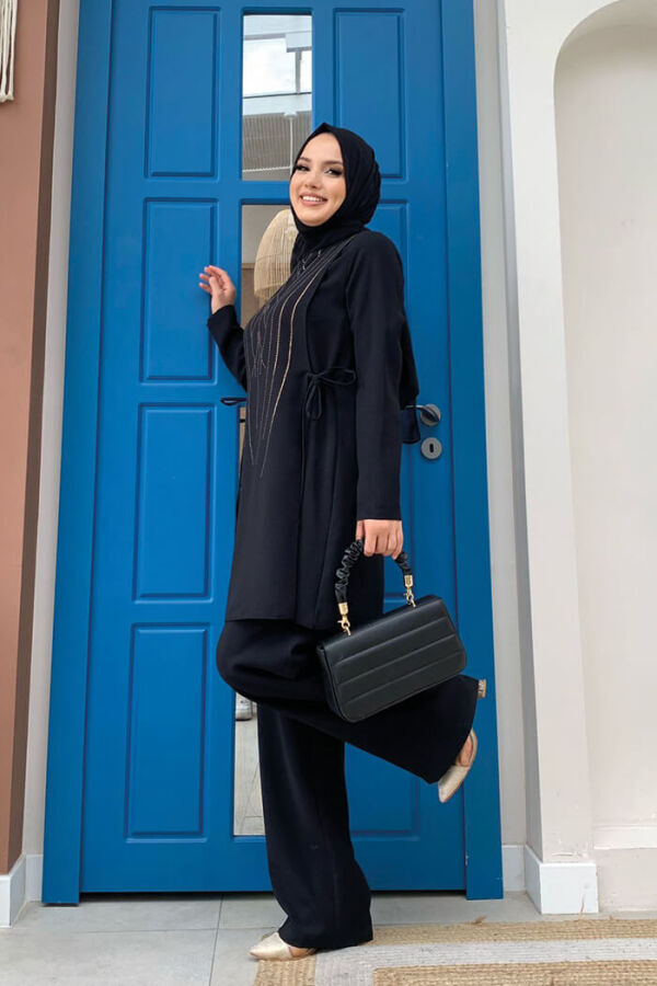 Taş Baskı Desenli Tunik Pantolon Takım 8447 Siyah - 5