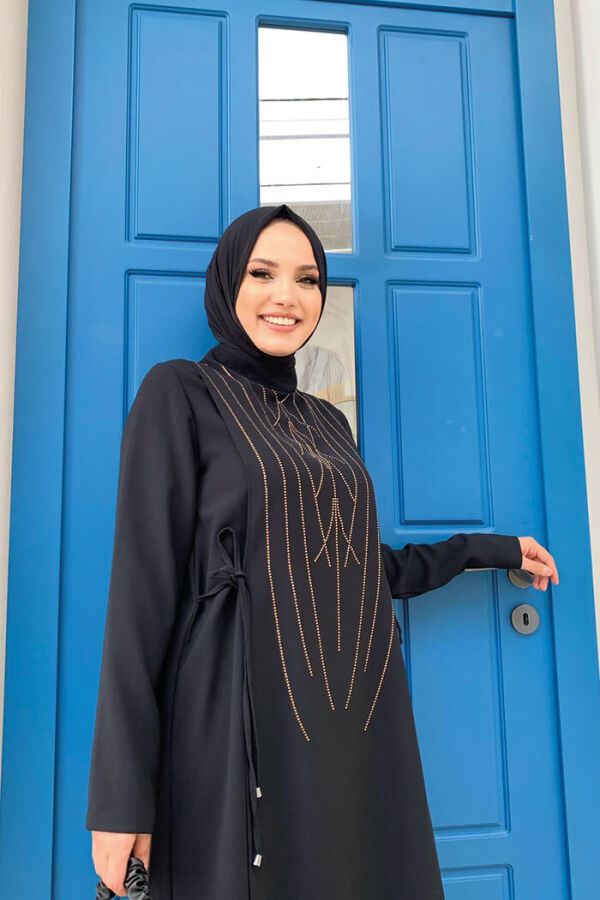 Taş Baskı Desenli Tunik Pantolon Takım 8447 Siyah - 8