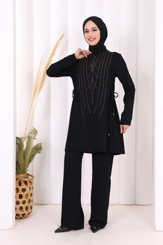Taş Baskı Desenli Tunik Pantolon Takım 8447 Siyah 
