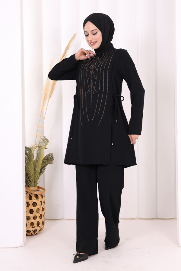 Taş Baskı Desenli Tunik Pantolon Takım 8447 Siyah - 2