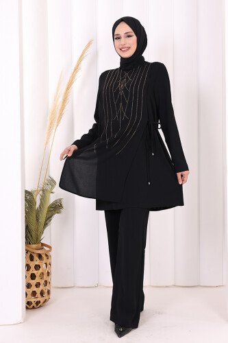 Taş Baskı Desenli Tunik Pantolon Takım 8447 Siyah - 3