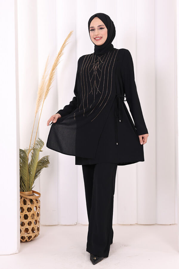 Taş Baskı Desenli Tunik Pantolon Takım 8447 Siyah - 3