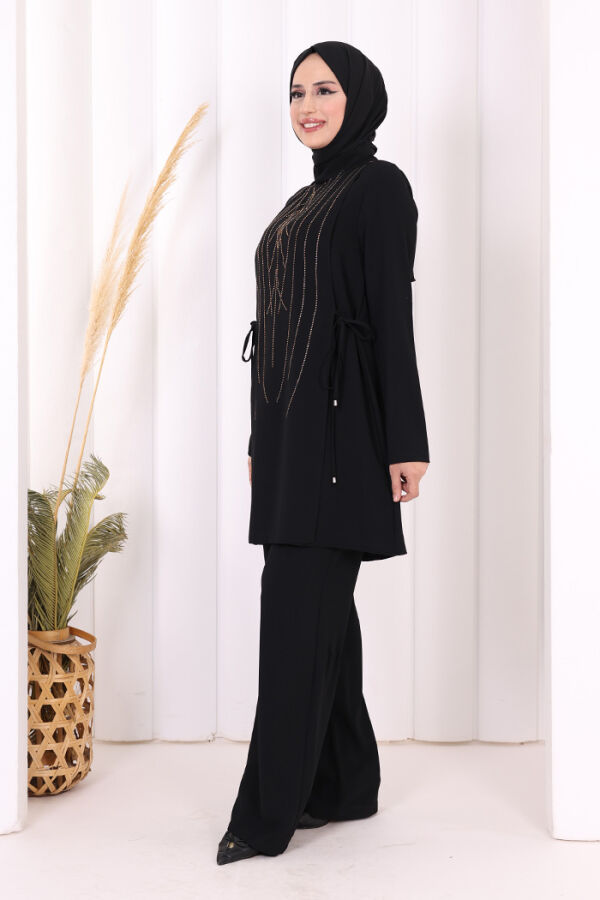 Taş Baskı Desenli Tunik Pantolon Takım 8447 Siyah - 4