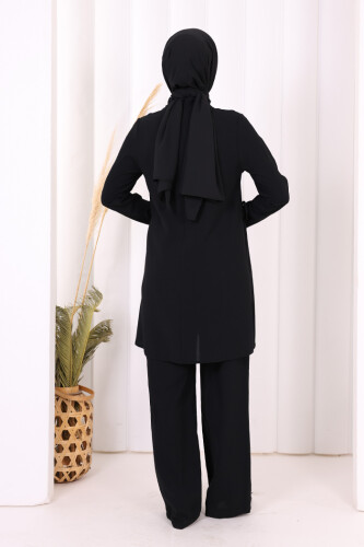 Taş Baskı Desenli Tunik Pantolon Takım 8447 Siyah - 5