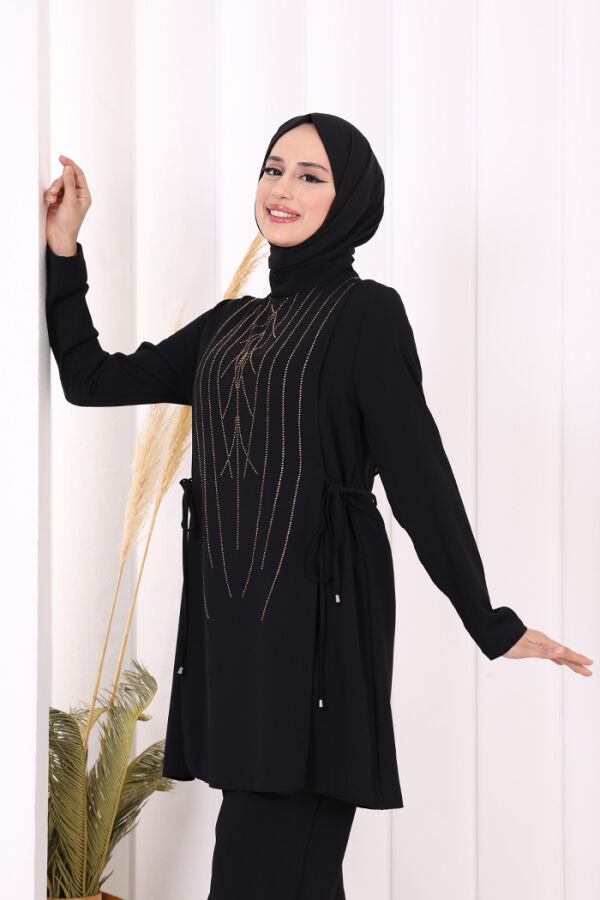 Taş Baskı Desenli Tunik Pantolon Takım 8447 Siyah - 6