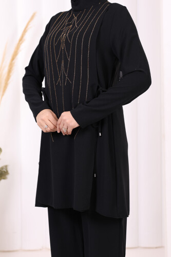 Taş Baskı Desenli Tunik Pantolon Takım 8447 Siyah - 7