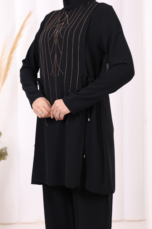 Taş Baskı Desenli Tunik Pantolon Takım 8447 Siyah - 7