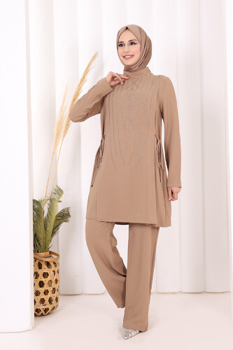 Taş Baskı Desenli Tunik Pantolon Takım 8447 Vizon