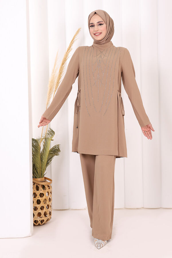 Taş Baskı Desenli Tunik Pantolon Takım 8447 Vizon - 2