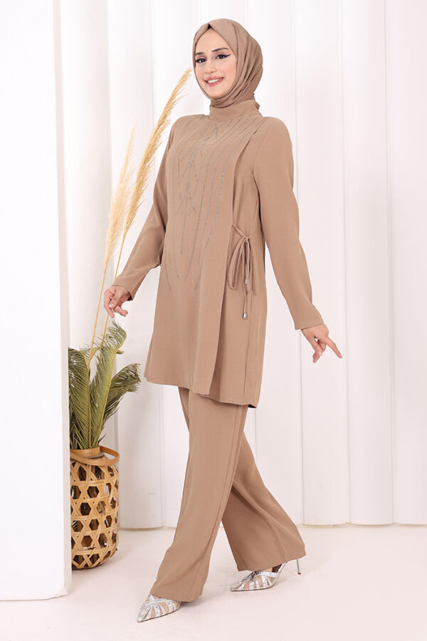 Taş Baskı Desenli Tunik Pantolon Takım 8447 Vizon - 3