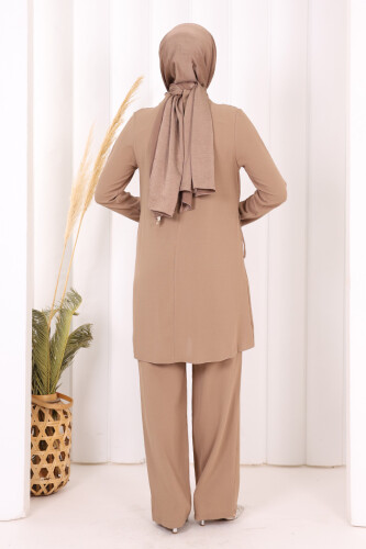 Taş Baskı Desenli Tunik Pantolon Takım 8447 Vizon - 4