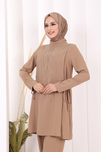 Taş Baskı Desenli Tunik Pantolon Takım 8447 Vizon - 5