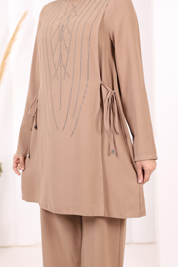 Taş Baskı Desenli Tunik Pantolon Takım 8447 Vizon - 6