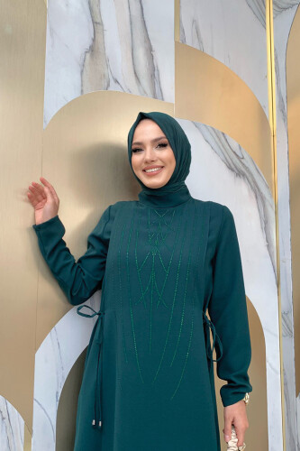 Taş Baskı Desenli Tunik Pantolon Takım 8447 Zümrüt - 8