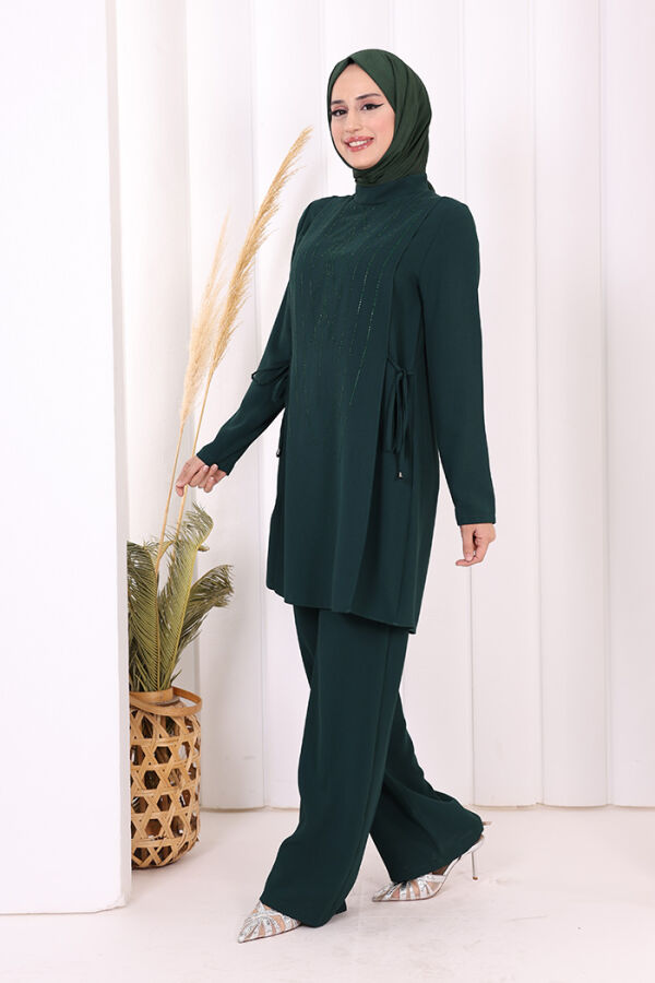 Taş Baskı Desenli Tunik Pantolon Takım 8447 Zümrüt - 2