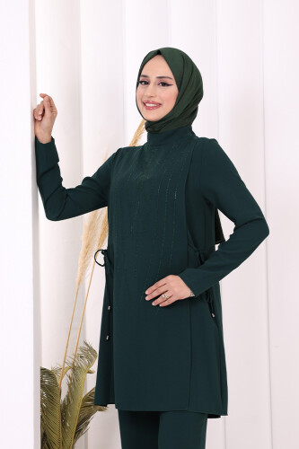 Taş Baskı Desenli Tunik Pantolon Takım 8447 Zümrüt - 4