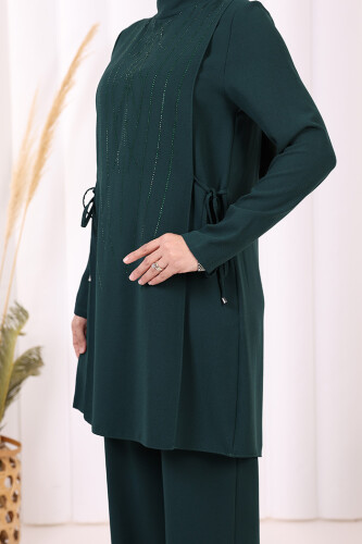 Taş Baskı Desenli Tunik Pantolon Takım 8447 Zümrüt - 5