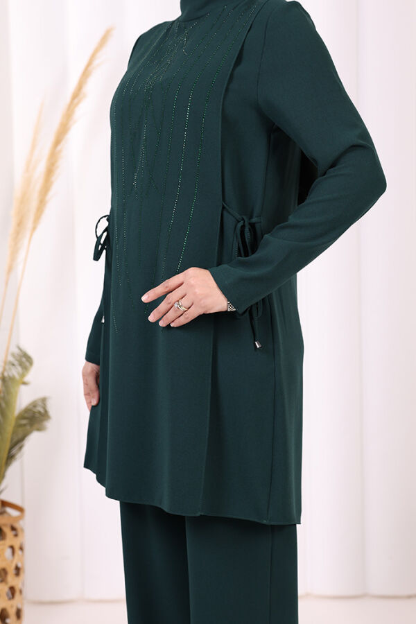 Taş Baskı Desenli Tunik Pantolon Takım 8447 Zümrüt - 5