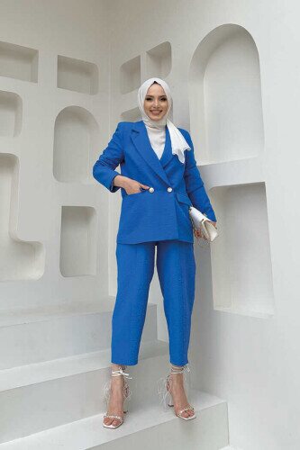Kabartma Desenli Ceket Pantolon Takım 8457 Mavi 