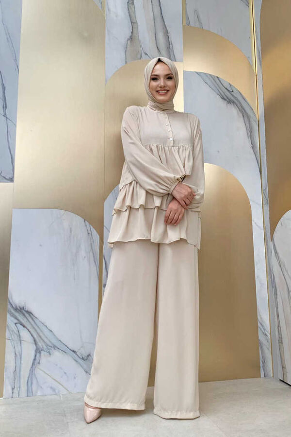 Düğme Detaylı Kat Kat Tunik Pantolon Takım 8461 Taş - 2