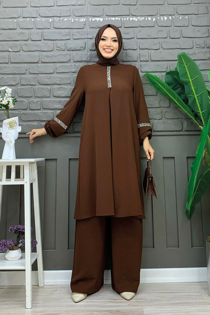 Taş İşleme Detaylı Pantolonlu Tunik Takım 8464 Kahverengi - 2
