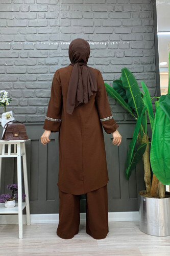 Taş İşleme Detaylı Pantolonlu Tunik Takım 8464 Kahverengi - 6