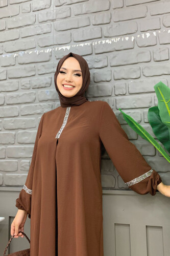 Taş İşleme Detaylı Pantolonlu Tunik Takım 8464 Kahverengi - 7