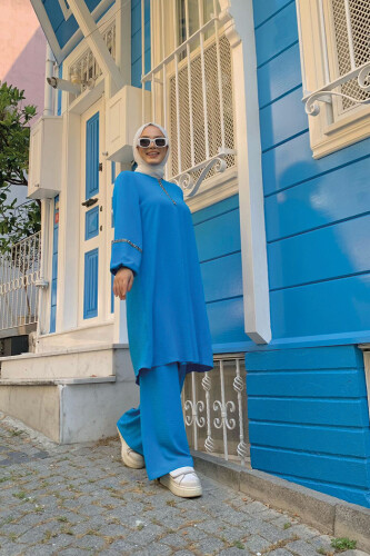 Taş İşleme Detaylı Pantolonlu Tunik Takım 8464 Mavi - 4