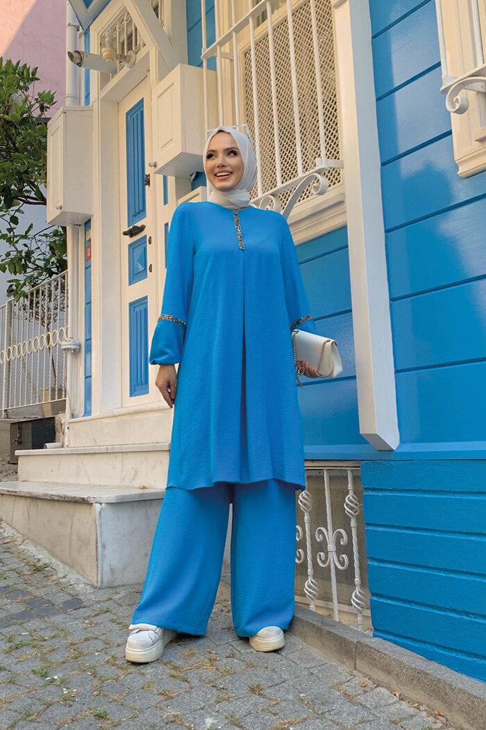 Taş İşleme Detaylı Pantolonlu Tunik Takım 8464 Mavi - 2