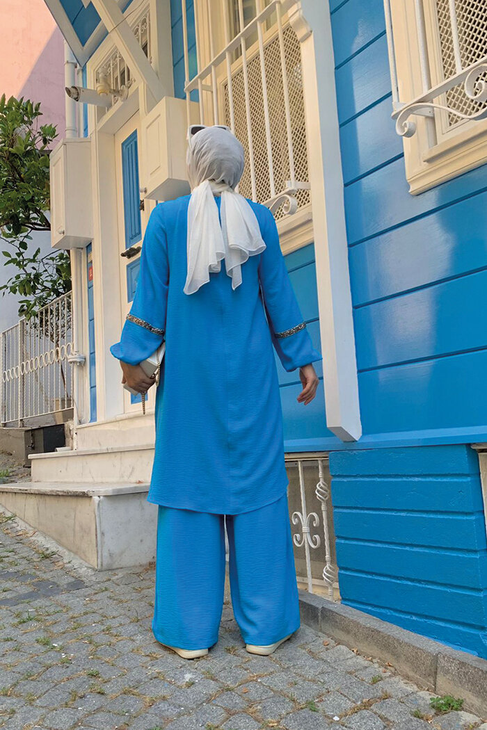 Taş İşleme Detaylı Pantolonlu Tunik Takım 8464 Mavi - 6