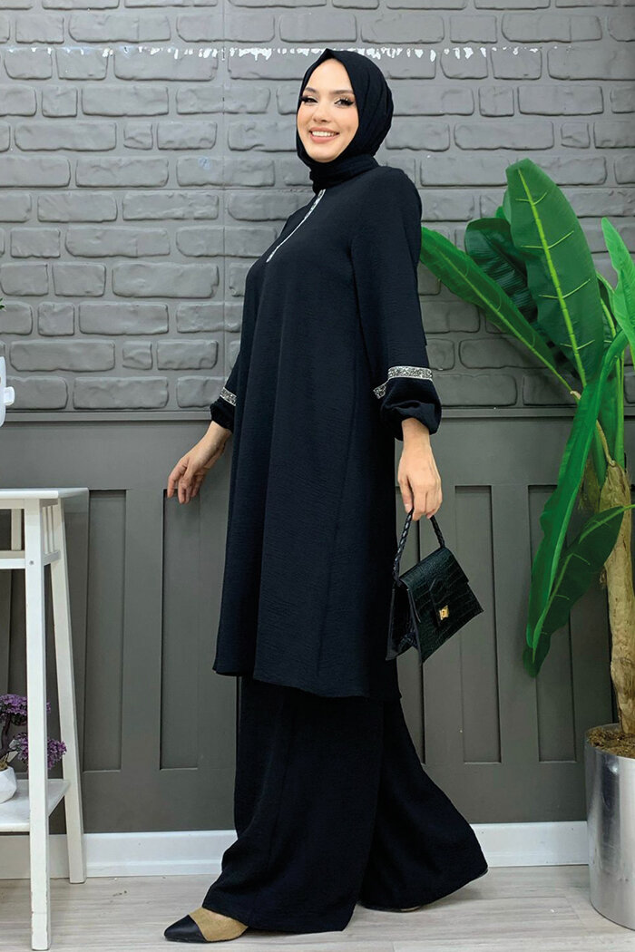 Taş İşleme Detaylı Pantolonlu Tunik Takım 8464 Siyah - 5