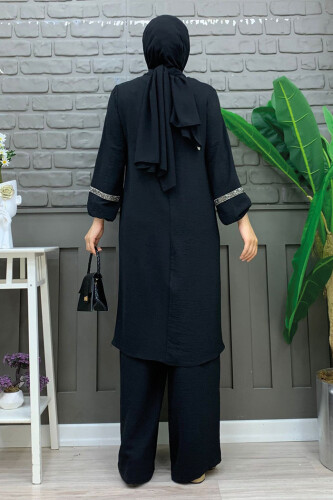 Taş İşleme Detaylı Pantolonlu Tunik Takım 8464 Siyah - 7