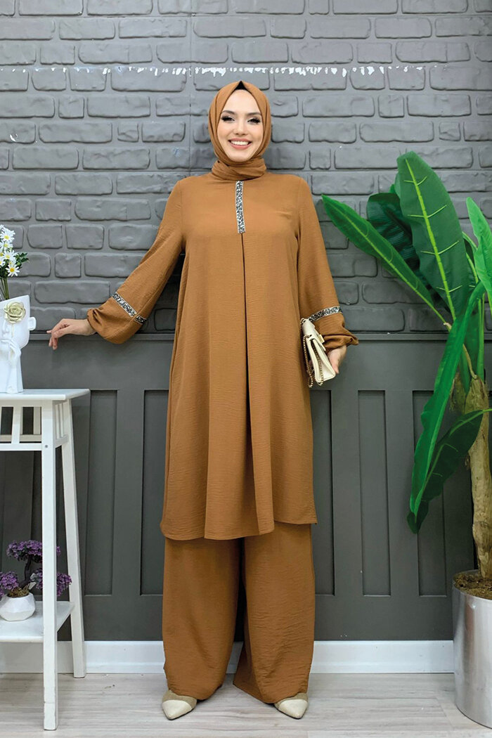 Taş İşleme Detaylı Pantolonlu Tunik Takım 8464 Taba - 3